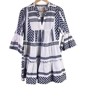 Francesca Mi Ami Navy White Aztec Geometric Print Flare Tiered Dress Mini Medium